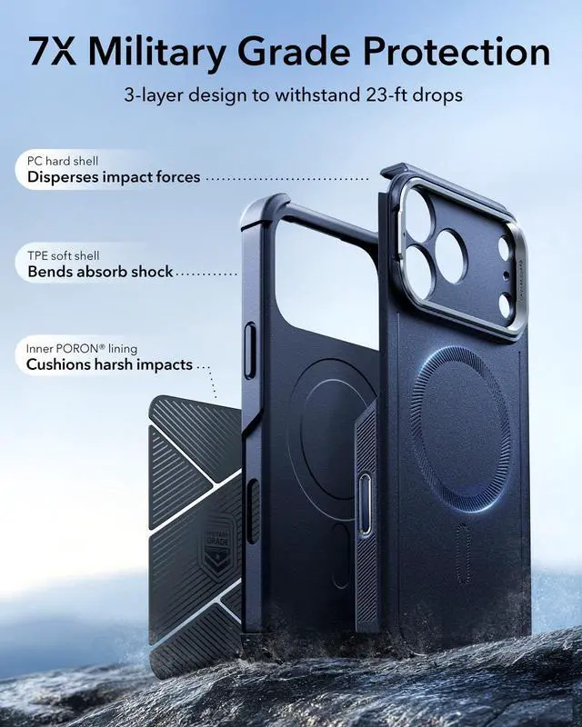 Alt view image 4 of 6 - for iPhone 17 Pro Phone Case with Stand, 23ft Military-Grade Drop Protection with Camera Control, Shock-Absorbing Rugged Cover, Compatible with MagSafe Accessories, Cyber Series, Blue