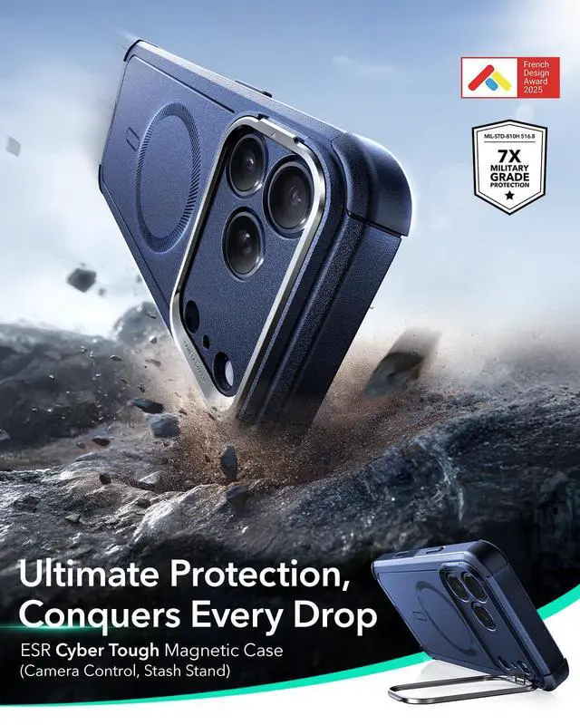 Alt view image 2 of 6 - for iPhone 17 Pro Phone Case with Stand, 23ft Military-Grade Drop Protection with Camera Control, Shock-Absorbing Rugged Cover, Compatible with MagSafe Accessories, Cyber Series, Blue