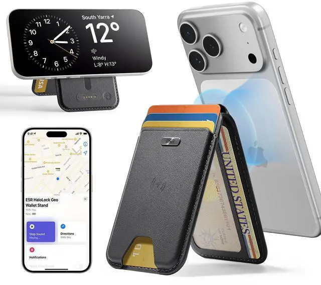 Main image of Geo for MagSafe Wallet with Full Find My Functionality, 5 Card Holder, RFID Blocking, Adjustable Stand, Magnetic Wallet for iPhone 17e/17/16/15/14/13/12 Series, Not for 13/12 mini, Black