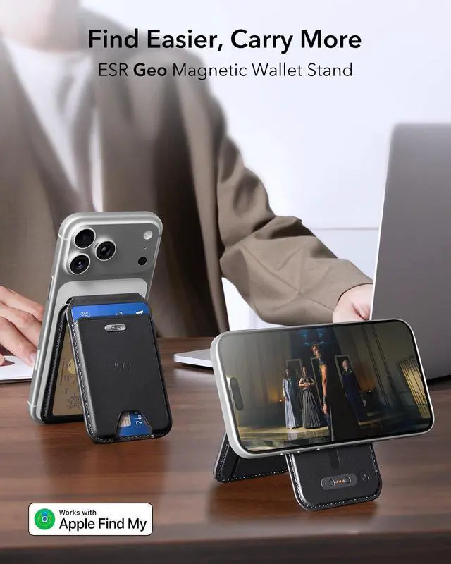 Alt view image 2 of 7 - Geo for MagSafe Wallet with Full Find My Functionality, 5 Card Holder, RFID Blocking, Adjustable Stand, Magnetic Wallet for iPhone 17e/17/16/15/14/13/12 Series, Not for 13/12 mini, Black