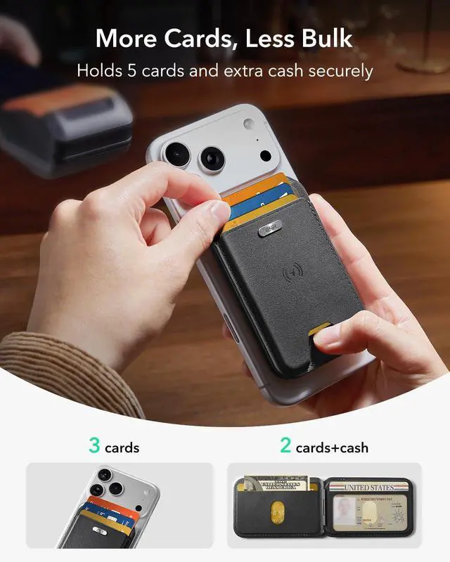 Alt view image 5 of 7 - Geo for MagSafe Wallet with Full Find My Functionality, 5 Card Holder, RFID Blocking, Adjustable Stand, Magnetic Wallet for iPhone 17e/17/16/15/14/13/12 Series, Not for 13/12 mini, Black