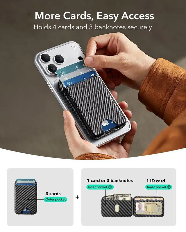 Alt view image 6 of 7 - for MagSafe Wallet Stand, RFID Blocking, MagSafe Ring Included, 5 Card Holder for Phone, Magnetic Wallet for iPhone 17e/17/16/15/14/13/12 Series (Not for Mini), Selected Samsung,Black Carbon Fiber