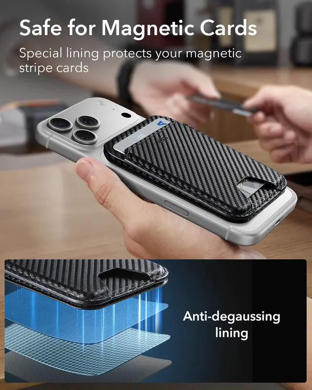 Alt view image 7 of 7 - for MagSafe Wallet Stand, RFID Blocking, MagSafe Ring Included, 5 Card Holder for Phone, Magnetic Wallet for iPhone 17e/17/16/15/14/13/12 Series (Not for Mini), Selected Samsung,Black Carbon Fiber