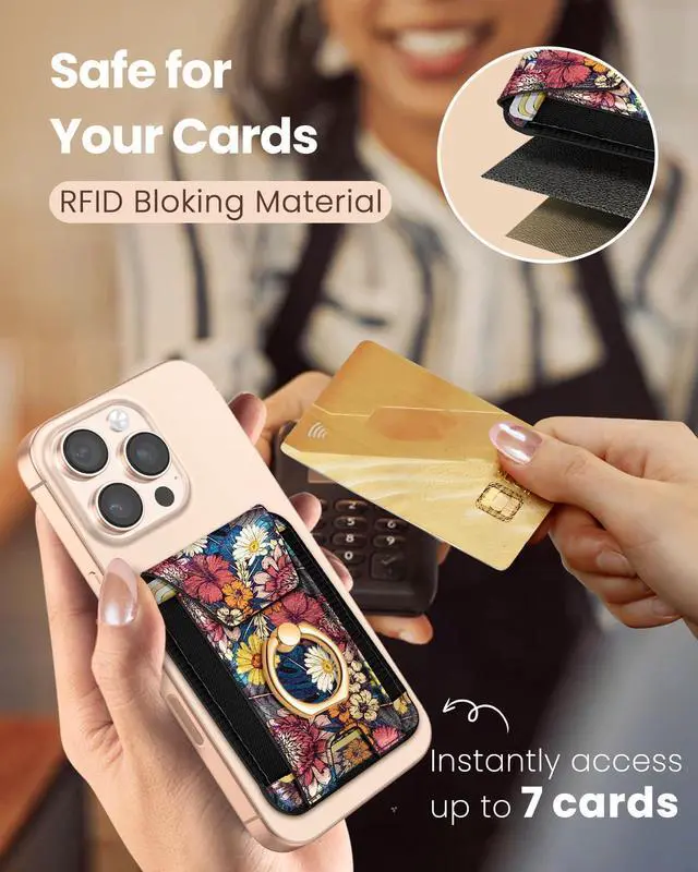 Alt view image 5 of 6 - Compatible with Magsafe Wallet with Grip Magnetic Card Holder - Cute Phone Wallets with Ring Stand for iPhone 17/16/15/14/13/12 Series for Women Girls, Fit 7 Cards, Purple Flower