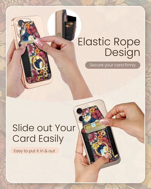 Alt view image 4 of 6 - Compatible with Magsafe Wallet with Grip Magnetic Card Holder - Cute Phone Wallets with Ring Stand for iPhone 17/16/15/14/13/12 Series for Women Girls, Fit 7 Cards, Purple Flower