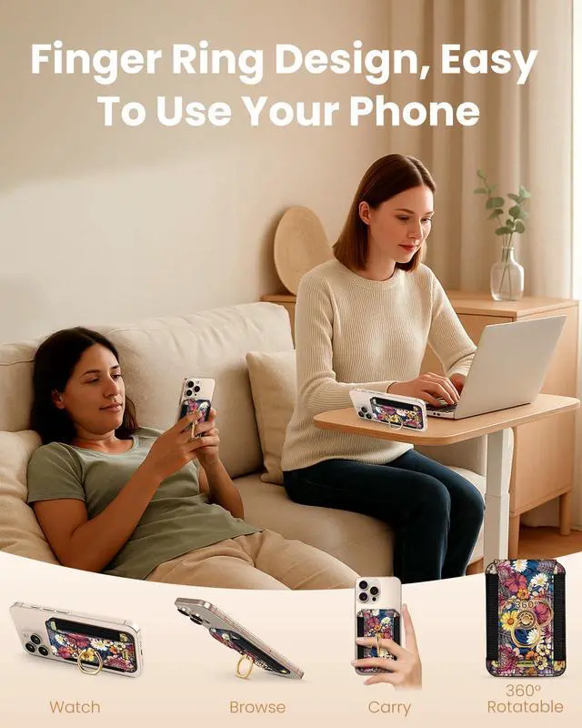 Alt view image 2 of 6 - Compatible with Magsafe Wallet with Grip Magnetic Card Holder - Cute Phone Wallets with Ring Stand for iPhone 17/16/15/14/13/12 Series for Women Girls, Fit 7 Cards, Purple Flower