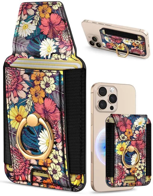Main image of Compatible with Magsafe Wallet with Grip Magnetic Card Holder - Cute Phone Wallets with Ring Stand for iPhone 17/16/15/14/13/12 Series for Women Girls, Fit 7 Cards, Purple Flower