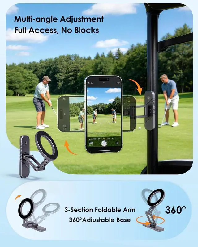 Alt view image 3 of 7 - Upgraded Magnetic Golf Cart Phone Holder, Triple-Fold All-Alloy Phone Mount Compatible with MagSafe iPhone 12-17, Golf Accessories Gifts for Golfers Men Dad, Fits Yamaha, Club Car, Iron Surface