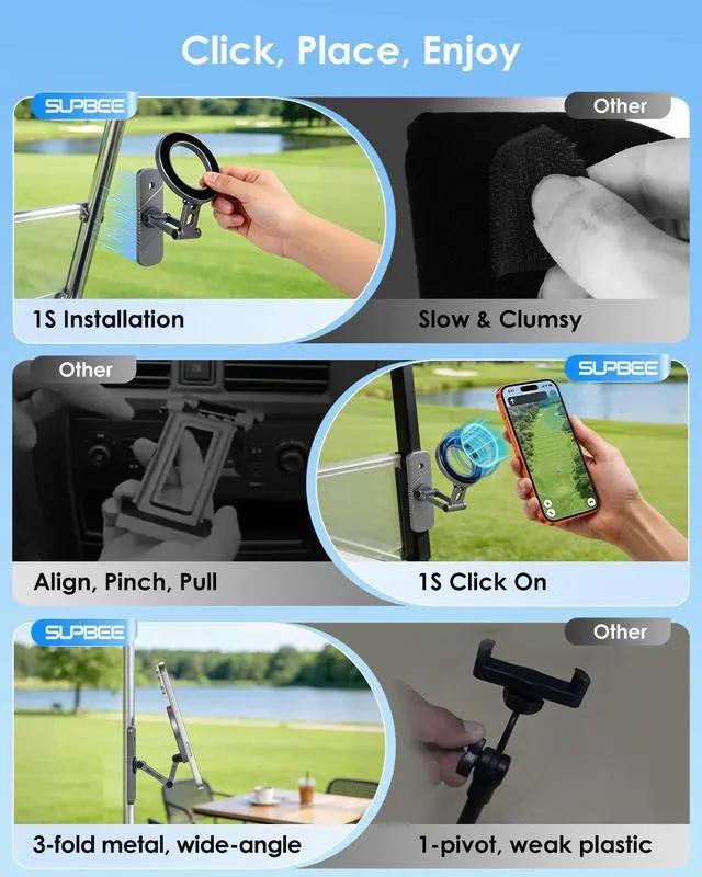 Alt view image 4 of 7 - Upgraded Magnetic Golf Cart Phone Holder, Triple-Fold All-Alloy Phone Mount Compatible with MagSafe iPhone 12-17, Golf Accessories Gifts for Golfers Men Dad, Fits Yamaha, Club Car, Iron Surface