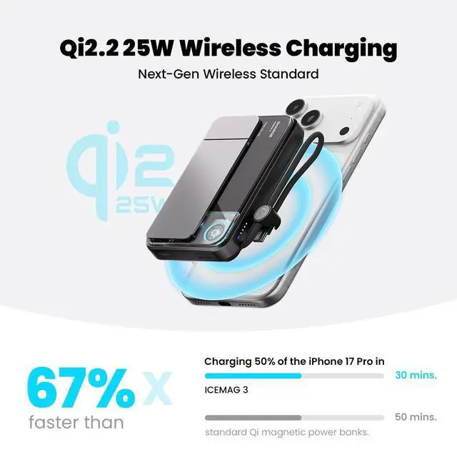 Alt view image 2 of 7 - ICEMAG 3 MagSafe Portable Charger, Qi2.2 25W Magnetic Power Bank 10000mAh 35W USB-C Fast Charging, with Active Cooling& Built-in Cable, Transparent RGB Design for iPhone 17/16/15/14 Series