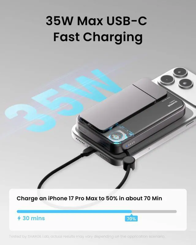 Alt view image 3 of 7 - ICEMAG 3 MagSafe Portable Charger, Qi2.2 25W Magnetic Power Bank 10000mAh 35W USB-C Fast Charging, with Active Cooling& Built-in Cable, Transparent RGB Design for iPhone 17/16/15/14 Series