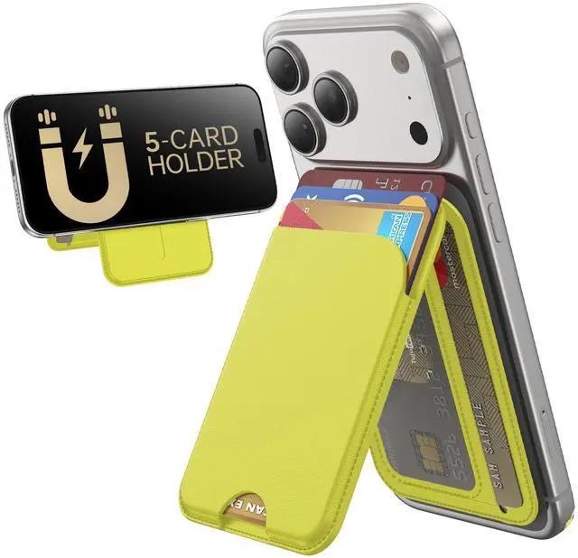 Main image of for MagSafe Wallet, 5 Cards Holder with Stand, Magnetic Phone Wallet Stand for iPhone 17/16/15/14/13/12 Pro Max Air Plus Series, RFID Blocking Vegan Leather,Fluorescent Yellow