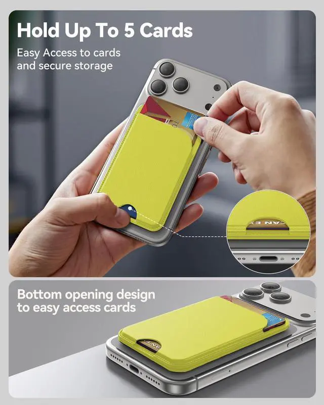 Alt view image 3 of 6 - for MagSafe Wallet, 5 Cards Holder with Stand, Magnetic Phone Wallet Stand for iPhone 17/16/15/14/13/12 Pro Max Air Plus Series, RFID Blocking Vegan Leather,Fluorescent Yellow