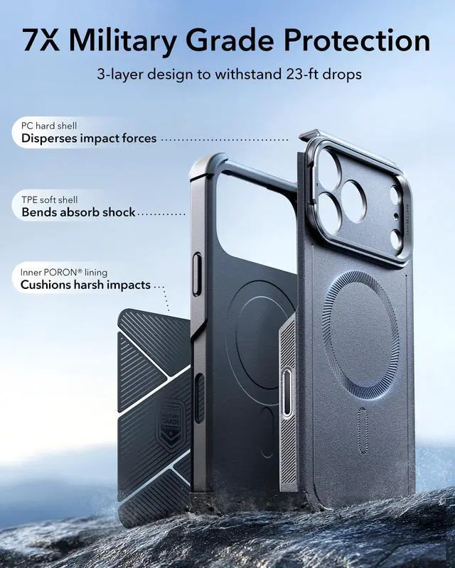 Alt view image 4 of 6 - for iPhone 17 Pro Max Phone Case with Stand, 23ft Military-Grade Drop Protection with Camera Control, Shock-Absorbing Rugged Cover, Compatible with MagSafe Accessories, Cyber Series, Grey