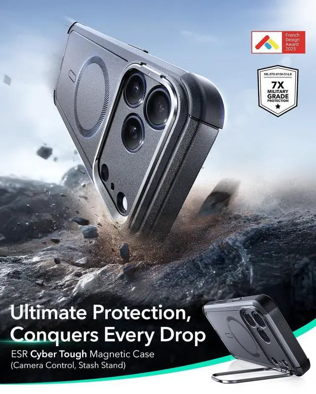 Alt view image 2 of 6 - for iPhone 17 Pro Max Phone Case with Stand, 23ft Military-Grade Drop Protection with Camera Control, Shock-Absorbing Rugged Cover, Compatible with MagSafe Accessories, Cyber Series, Grey