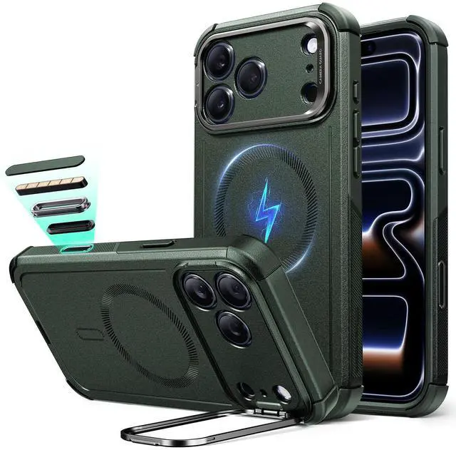 Main image of for iPhone 17 Pro Phone Case with Stand, 23ft Military-Grade Drop Protection with Camera Control, Shock-Absorbing Rugged Cover, Compatible with MagSafe Accessories, Cyber Series, Green