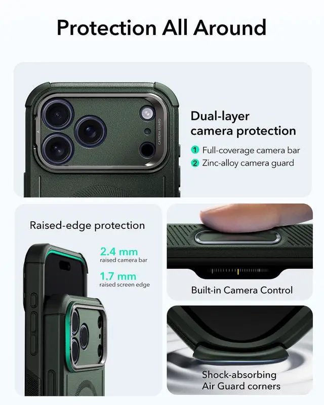 Alt view image 3 of 6 - for iPhone 17 Pro Phone Case with Stand, 23ft Military-Grade Drop Protection with Camera Control, Shock-Absorbing Rugged Cover, Compatible with MagSafe Accessories, Cyber Series, Green