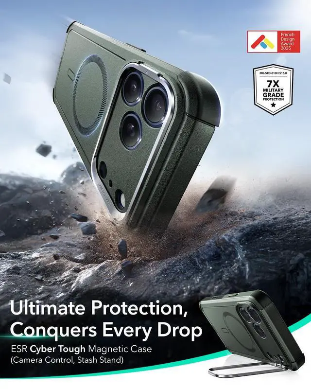 Alt view image 2 of 6 - for iPhone 17 Pro Phone Case with Stand, 23ft Military-Grade Drop Protection with Camera Control, Shock-Absorbing Rugged Cover, Compatible with MagSafe Accessories, Cyber Series, Green