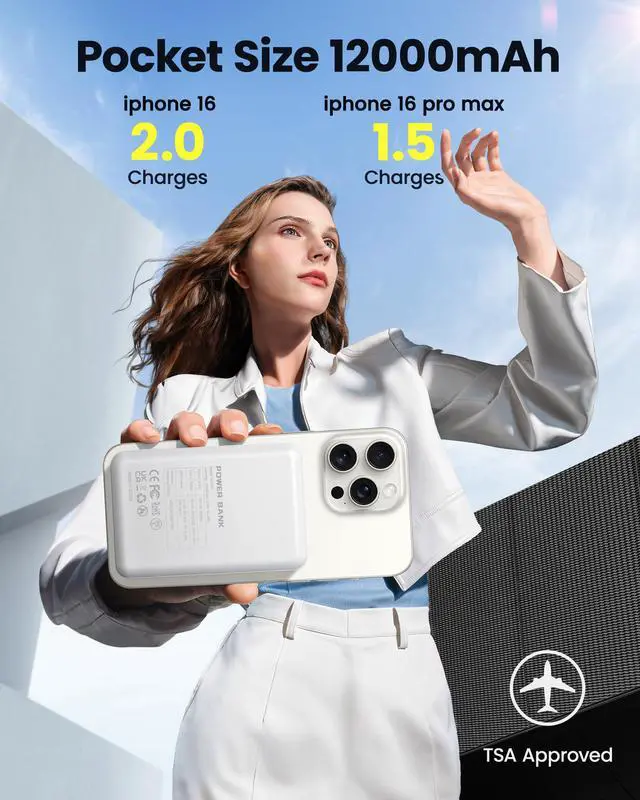 Alt view image 3 of 7 - Magnetic Portable Charger Power Bank 12000mAh MagSafe Compatible Battery Pack 22.5W USB C Fast Charging Wireless Battery Pack Phone Charger for iPhone 17/16/15/14/13/12 All Series White
