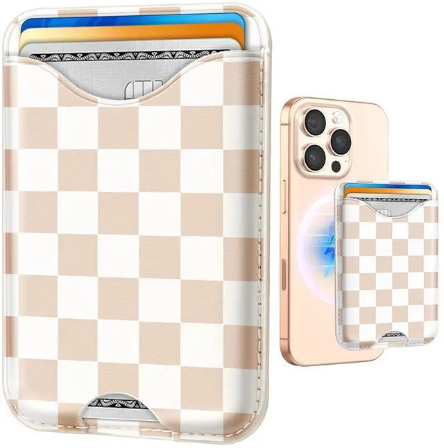 Main image of Compatible with Magsafe Wallet Magnetic Card Holder - Khaki Check Phone Wallets for Women Teen Girls Cute for iPhone 17/16/15/14/13/12 Series Slim for Apple Mag RFID Magnet, Fit 3 Cards