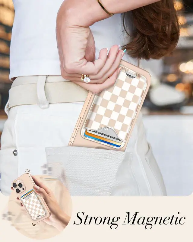 Alt view image 3 of 6 - Compatible with Magsafe Wallet Magnetic Card Holder - Khaki Check Phone Wallets for Women Teen Girls Cute for iPhone 17/16/15/14/13/12 Series Slim for Apple Mag RFID Magnet, Fit 3 Cards