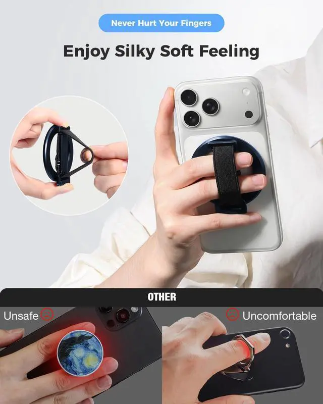 Alt view image 2 of 7 - 2025 Upgrade for MagSafe Phone Grip with Finger Strap, Removable Magnetic Ring Holder with Kickstand Finger Loop, MagSafe Accessories for iPhone 17/16/15/14/13/12 Series, Blue