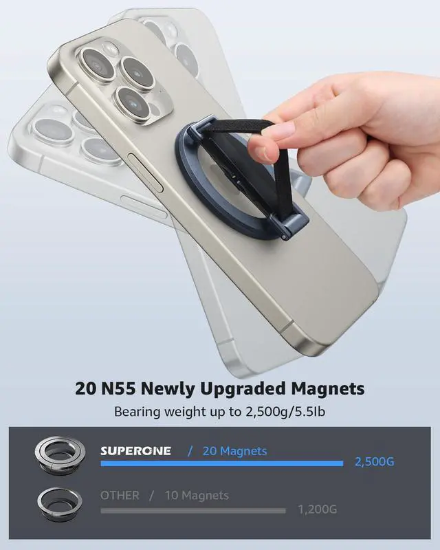 Alt view image 4 of 7 - 2025 Upgrade for MagSafe Phone Grip with Finger Strap, Removable Magnetic Ring Holder with Kickstand Finger Loop, MagSafe Accessories for iPhone 17/16/15/14/13/12 Series, Blue