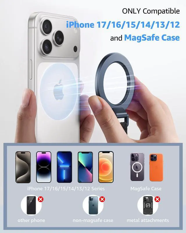 Alt view image 6 of 7 - 2025 Upgrade for MagSafe Phone Grip with Finger Strap, Removable Magnetic Ring Holder with Kickstand Finger Loop, MagSafe Accessories for iPhone 17/16/15/14/13/12 Series, Blue