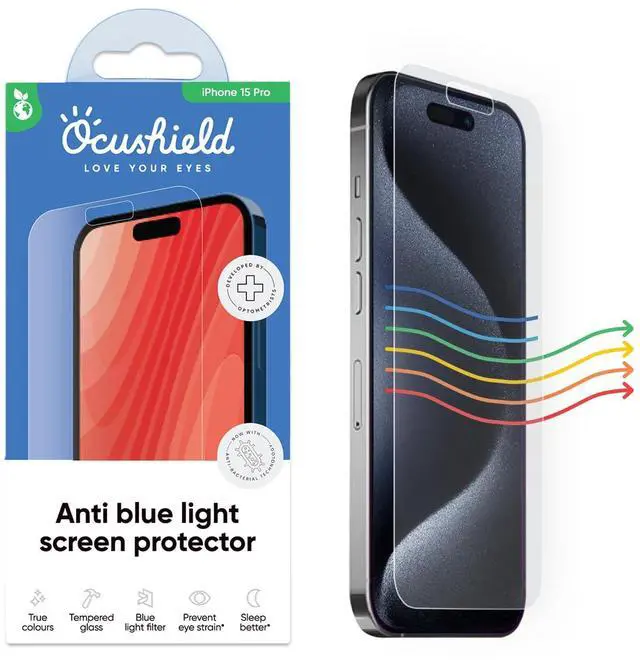 Main image of Anti Blue Light Tempered Glass Screen Protector of for iPhone 15 Pro (6.1") Blocks Blue Light, Prevents Eye Strain & Helps You Sleep Better, 9H Hardness & Case Friendly