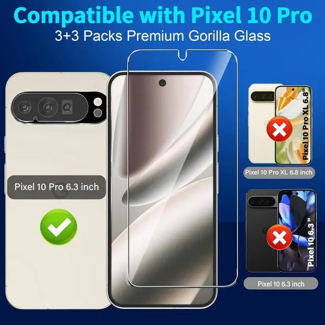 Alt view image 2 of 7 - 3 Pack for Google Pixel 10 Pro Screen Protector Tempered Glass + 3 Pack Camera Lens Protector, Military Grade Shatterproof, 9H Hardness, Fingerprint Unlock,Case Friendly 6.3 Inch