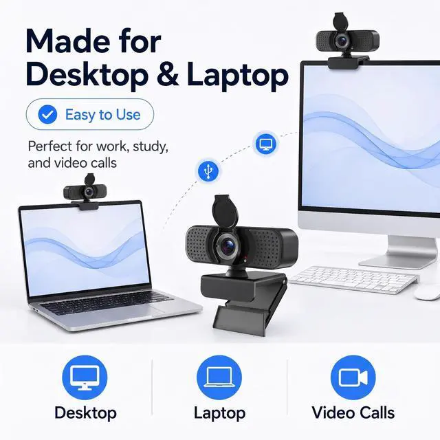 Alt view image 5 of 7 - 1080P Webcam with Microphone, USB Camera for PC and Laptop, Privacy Cover