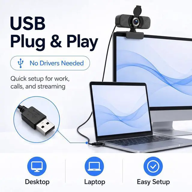 Alt view image 7 of 7 - 1080P Webcam with Microphone, USB Camera for PC and Laptop, Privacy Cover
