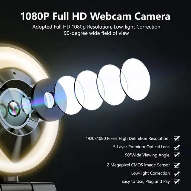 Alt view image 2 of 7 - Webcam Computer Camera 1080P with Dual Microphone Adjustable Right Light Web cam for PC Advanced Auto-Focus with Tripod Zoom Streaming Camera Gaming Webcam for Facebook YouTube Xbox Streamer