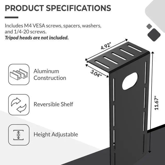 Alt view image 3 of 7 - DSLR Monitor Mount Small, Desk Camera Mounting, Light Webcam, Microphone Shelf for Monitor VESA Arm, Replace Clamp Tripods, 100x100mm Patterns, Aluminum, Hardware Included