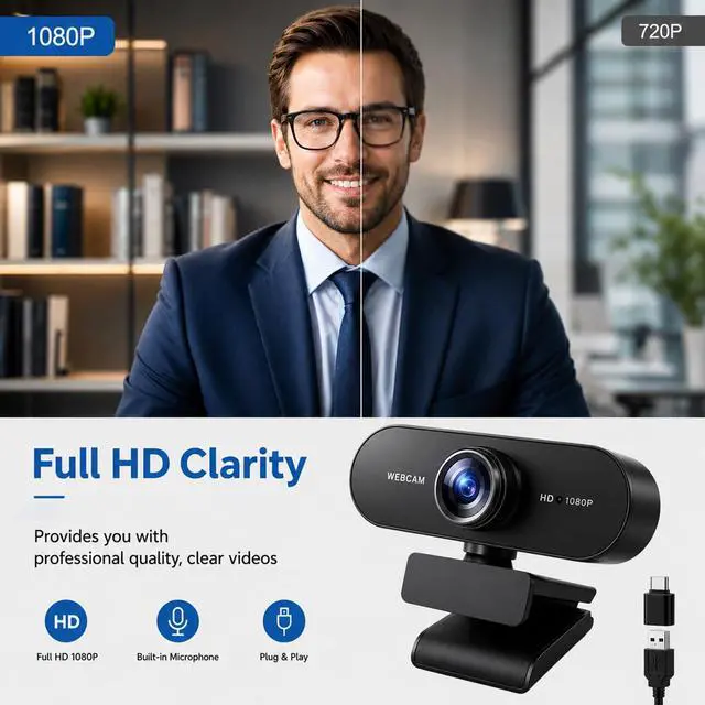 Alt view image 2 of 7 - 1080P HD Webcam with Auto Focus & Microphone, 30FPS Computer Camera, USB Plug-and-Play with Type-C Adapter, 360° Rotating Webcam for Zoom Meetings, Teams, Streaming & Online Classes