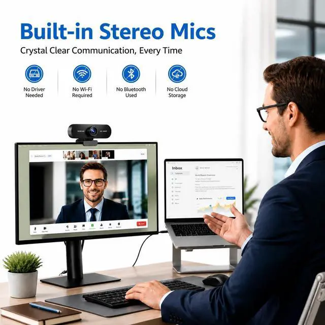 Alt view image 5 of 7 - 1080P HD Webcam with Auto Focus & Microphone, 30FPS Computer Camera, USB Plug-and-Play with Type-C Adapter, 360° Rotating Webcam for Zoom Meetings, Teams, Streaming & Online Classes