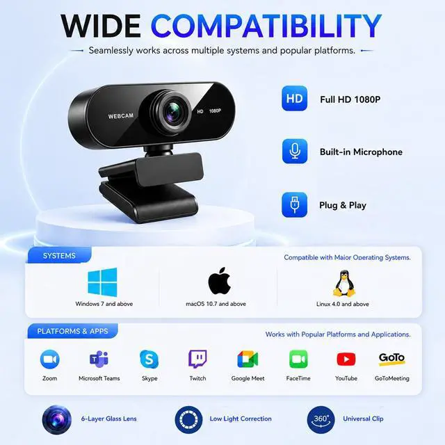Alt view image 7 of 7 - 1080P HD Webcam with Auto Focus & Microphone, 30FPS Computer Camera, USB Plug-and-Play with Type-C Adapter, 360° Rotating Webcam for Zoom Meetings, Teams, Streaming & Online Classes
