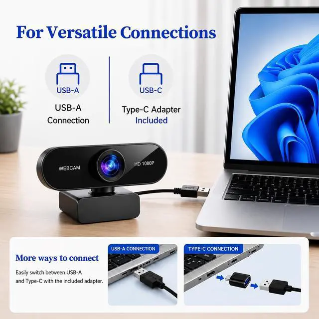 Alt view image 4 of 7 - 1080P HD Webcam with Auto Focus & Microphone, 30FPS Computer Camera, USB Plug-and-Play with Type-C Adapter, 360° Rotating Webcam for Zoom Meetings, Teams, Streaming & Online Classes