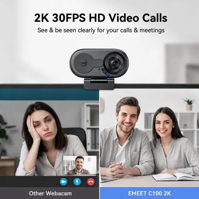 Alt view image 2 of 7 - C100 2K Webcam for PC, Built-in Mic, Rotating Privacy Cover, Portable Metal Clip, Computer Camera for Home Office, Meetings, Learning, Streaming, External Webcam for Desktop, Laptop, PC USB-A