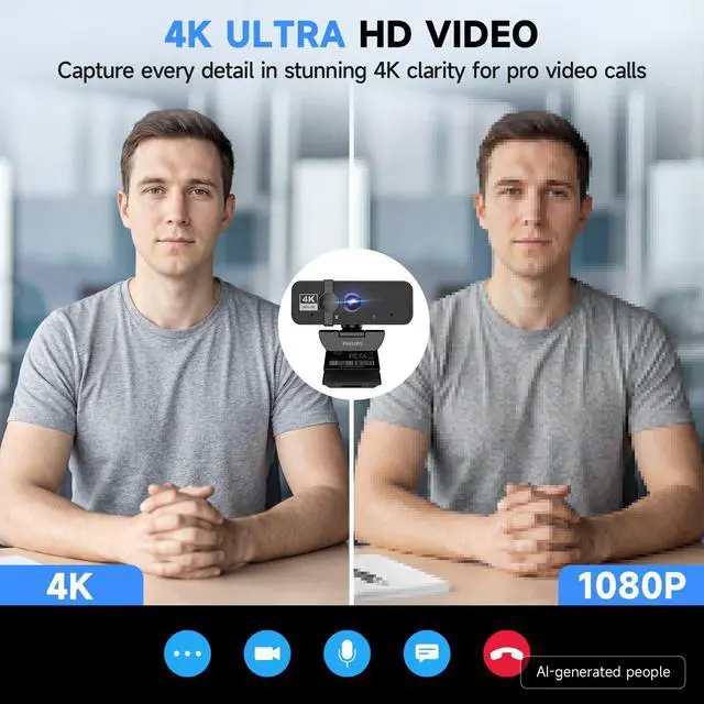 Alt view image 2 of 7 - 4K Webcam for PC with Microphone, Computer Camera for Meetings with Privacy Cover, Plug & Play USB Web cam for Laptop, Desktop, Zoom, Teams, Skype, Video Conferencing, Streaming - Black
