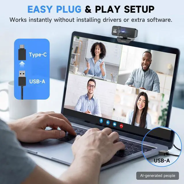 Alt view image 5 of 7 - 4K Webcam for PC with Microphone, Computer Camera for Meetings with Privacy Cover, Plug & Play USB Web cam for Laptop, Desktop, Zoom, Teams, Skype, Video Conferencing, Streaming - Black