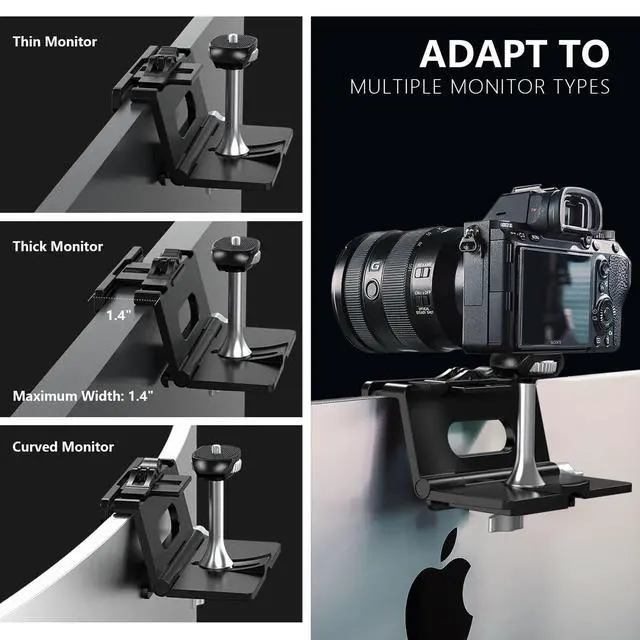 Alt view image 3 of 6 - Upgraded Monitor Camera Mount Stand, Hanging Webcam Clamp with 1/4" Screw, MILC Monitor Top Support for Live Stream, etc. Compatible with Curved Monitors, Maximum Width up to 1.4" CM02