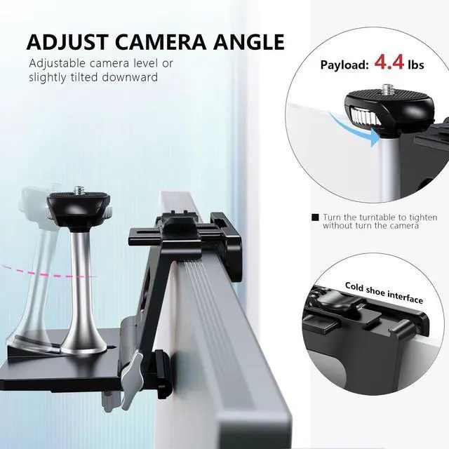 Alt view image 4 of 6 - Upgraded Monitor Camera Mount Stand, Hanging Webcam Clamp with 1/4" Screw, MILC Monitor Top Support for Live Stream, etc. Compatible with Curved Monitors, Maximum Width up to 1.4" CM02