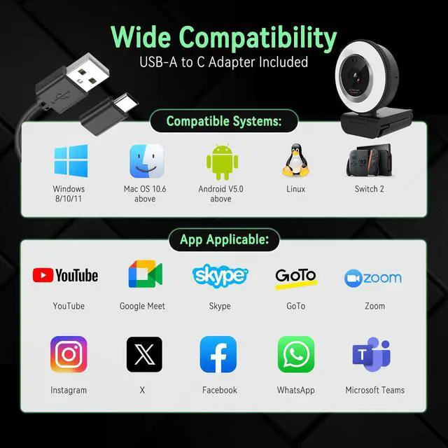 Alt view image 7 of 7 - 1080P USB Webcam with Ring Light Autofocus & Microphone for PC Mac