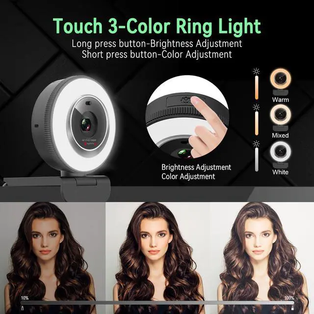 Alt view image 2 of 7 - 1080P USB Webcam with Ring Light Autofocus & Microphone for PC Mac