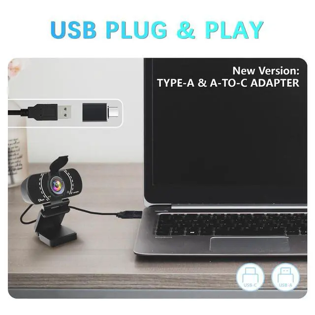 Alt view image 7 of 7 - 1080P PC Webcam, Plug and Play USB C Camera with Microphone/Privacy Cover/Stand/Adapter & Wide Angle 110°, Web Camera for Desktop Computer PC Mac Video Calling/Zoom Conference