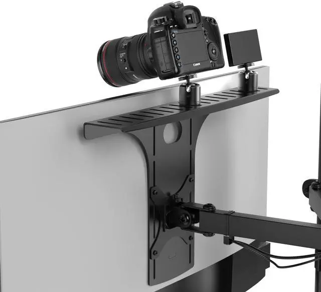 Main image of DSLR Monitor Mount Large, Desk Camera Mounting, Light Webcam, Microphone Shelf for Monitor VESA Arm, Replace Clamp Tripods, 100x100mm Patterns, Aluminum, Hardware Included