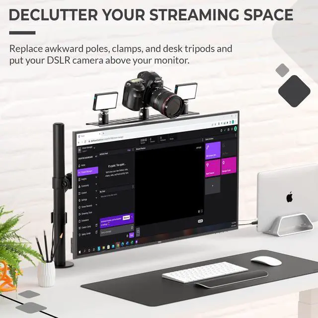 Alt view image 5 of 7 - DSLR Monitor Mount Large, Desk Camera Mounting, Light Webcam, Microphone Shelf for Monitor VESA Arm, Replace Clamp Tripods, 100x100mm Patterns, Aluminum, Hardware Included