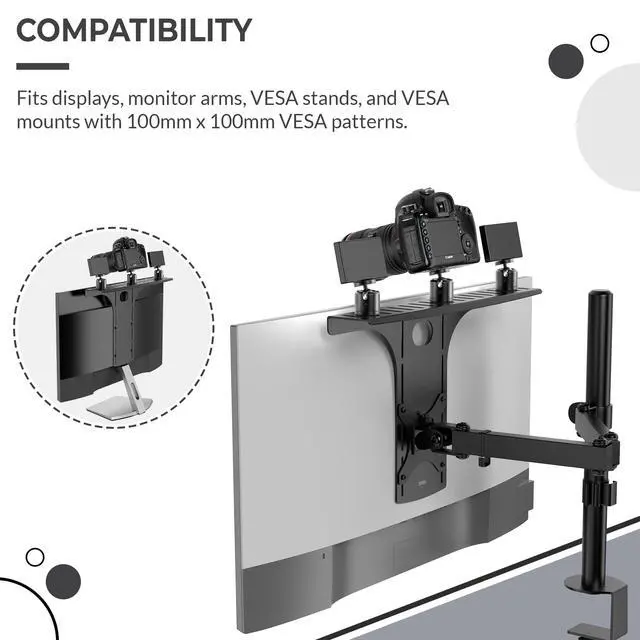 Alt view image 6 of 7 - DSLR Monitor Mount Large, Desk Camera Mounting, Light Webcam, Microphone Shelf for Monitor VESA Arm, Replace Clamp Tripods, 100x100mm Patterns, Aluminum, Hardware Included