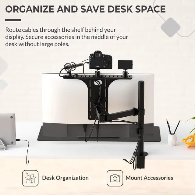 Alt view image 7 of 7 - DSLR Monitor Mount Large, Desk Camera Mounting, Light Webcam, Microphone Shelf for Monitor VESA Arm, Replace Clamp Tripods, 100x100mm Patterns, Aluminum, Hardware Included